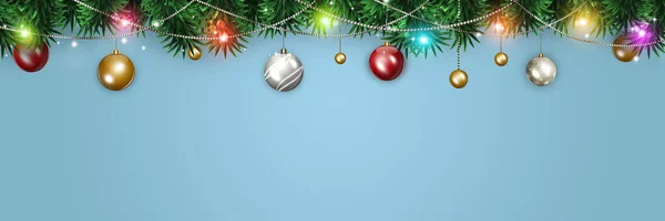 Decoración Invierno Vacaciones Bandera Azul Con Bolas Navidad Luces Colores —  Fotos de Stock