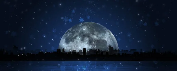 Bandera Azul Mágica Vacaciones Nocturnas Con Luna Grande Copos Nieve — Foto de Stock