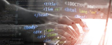 Bilgisayar dili html ve css. Web sitesi teknolojisi internet konsepti ön uç afişi. karışık ortam