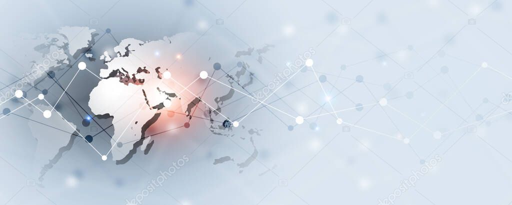 technology web concept connections banner on world map