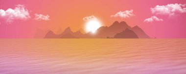 Bir adayla tropikal deniz manzarasında güzel, rüya gibi, berrak okyanus batımı. Sıcak güneşli ufuk flaması