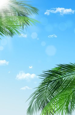 Yazın güneşli bir arka planda palmiye bulutları ve parlak hayallerle