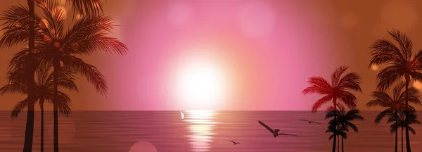 Noční Salonek Výhledem Tropický Oceán Lodí Palmami Ptáky Západ Slunce — Stock fotografie