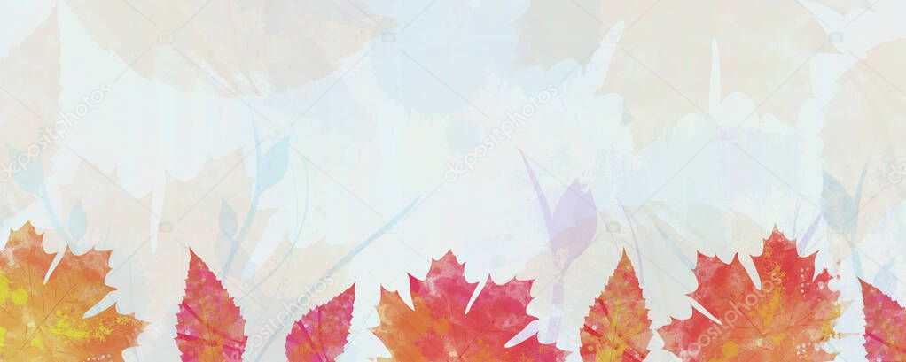 autumn floral pastel banner with drawing colors of falling leaves
