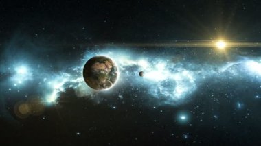 Dünya ve Ay güzel bir nebulanın arka planında, 3 boyutlu animasyon