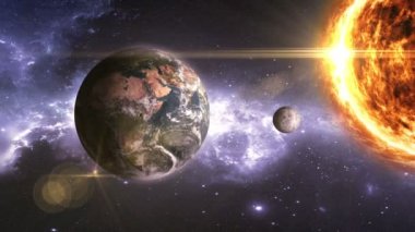Dünya Güneş ve Ay güzel bir nebulanın arka planında, 3 boyutlu animasyon