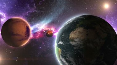 Dünya Mars Venüs 'ü ve Merkür güzel bir nebulanın arka planında, 3 boyutlu animasyon