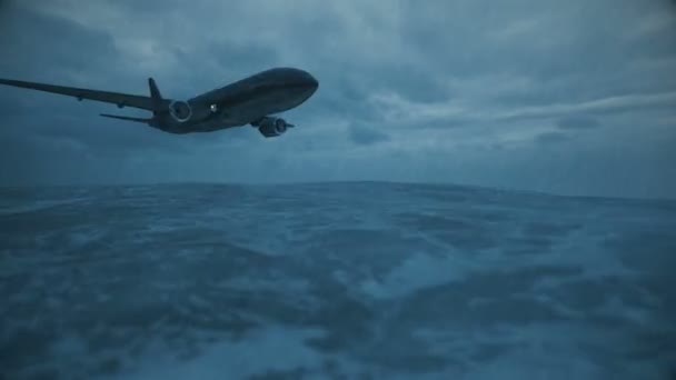 Avión Reacción Vuela Una Tormenta Sobre Mar Tormentoso Través Relámpagos — Vídeos de Stock
