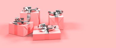 Pembe arka planda pembe hediye kutuları, 3 boyutlu illüstrasyon