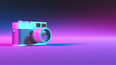 Mor neonlu kamera yakın çekim, 3 boyutlu illüstrasyon
