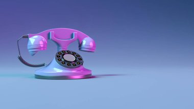Mor neon ışıklı sabit telefon, yakın çekim, 3D illüstrasyon