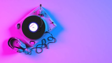 Neon ışıklandırmada vinil plak çalar, 3d illüstrasyon