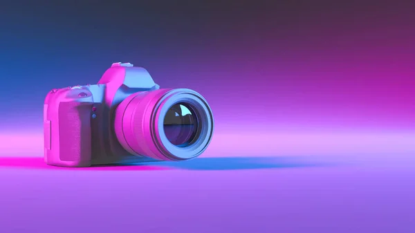 camera in purple neon lighting close up, 3d illustration