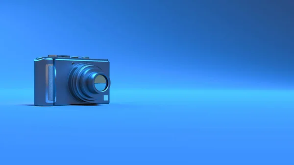 photo camera in blue neon lighting close up, 3d illustration