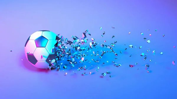 soccer ball falling into small pieces in neon lighting, 3d illustration