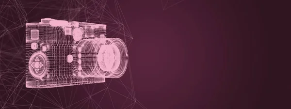 camera in the form of a three-dimensional grid on a purple background, 3d illustration
