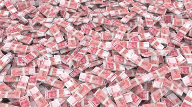 100 Çin Yuan 'lık banknotların tüm çerçeve için paketlenmesi, 3D illüstrasyon