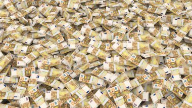 Tüm çerçeve için 50 avroluk banknotların paketlenmesi, 3D illüstrasyon