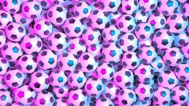 Tüm çerçeve için neon ışıklı büyük futbol topları yığını, 3D illüstrasyon