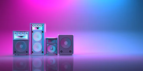 several powerful loudspeakers close-up in neon lighting, 3d illustration