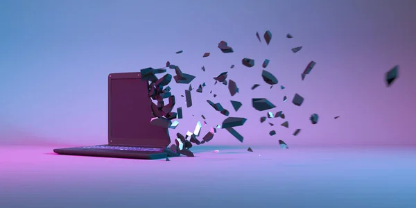laptop in neon light falling apart into small parts, 3d illustration