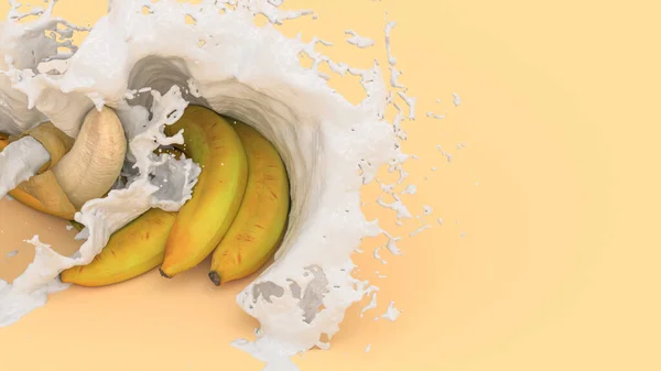 几个香蕉在黄色的背景上 在牛奶的飞溅中 3D插图 — 图库照片