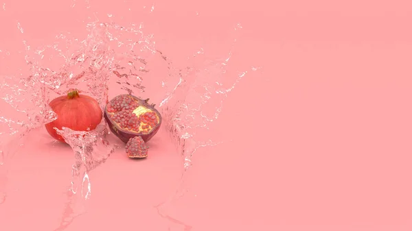 Granatapfelfrüchte Auf Rotem Hintergrund Wasserspritzern Illustration — Stockfoto