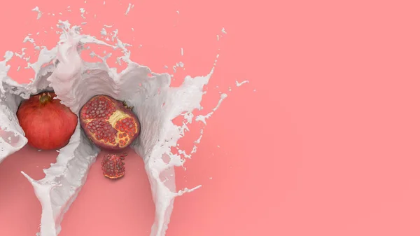 红底石榴果 乳汁飞溅 3D图例 — 图库照片