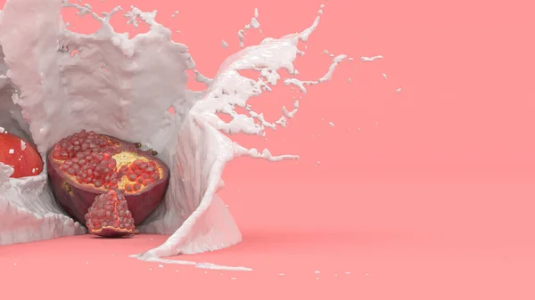 红底石榴果 乳汁飞溅 3D图例 — 图库照片