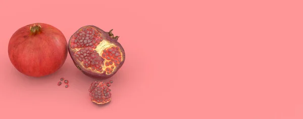 红色背景的石榴果 3D插图 — 图库照片