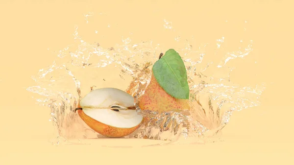 水花中黄色背景上的梨子 3D插图 — 图库照片