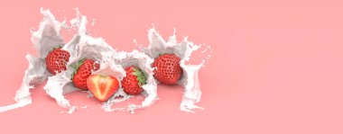 Kırmızı arkaplandaki çilekler süt damlatıyor, 3 boyutlu illüstrasyon