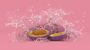 Mor arkaplandaki erik su sıçramaları, 3 boyutlu illüstrasyon