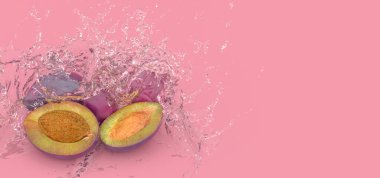 Mor arkaplandaki erik su sıçramaları, 3 boyutlu illüstrasyon