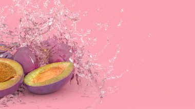 Mor arkaplandaki erik su sıçramaları, 3 boyutlu illüstrasyon