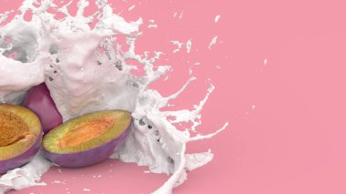 Mor arkaplandaki erik sütü damlatıyor, 3 boyutlu resimleme.