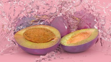 Mor arkaplandaki erik su sıçramaları, 3 boyutlu illüstrasyon