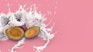 Mor arkaplandaki erik sütü damlatıyor, 3 boyutlu resimleme.