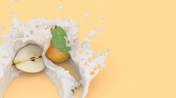 牛奶飞溅中的黄色背景梨子 3D插图 — 图库照片