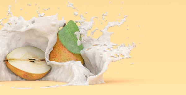 牛奶飞溅中的黄色背景梨子 3D插图 — 图库照片