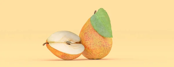 黄色背景上的梨子 3D插图 — 图库照片