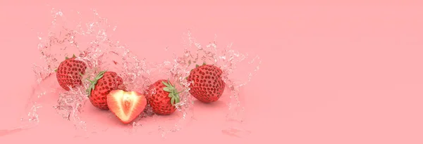 水花中红色背景的草莓 3D插图 — 图库照片