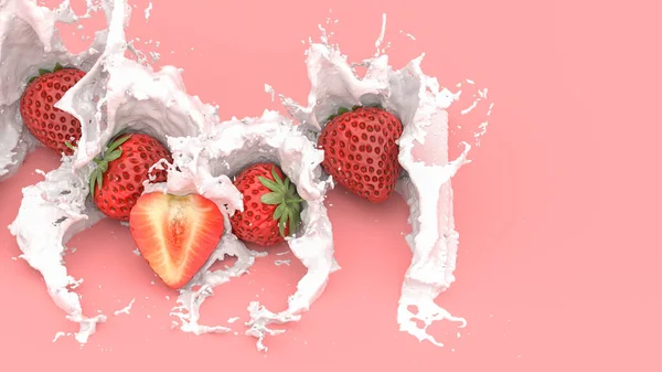 Erdbeeren Auf Rotem Hintergrund Einem Spritzer Milch Illustration — Stockfoto