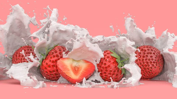 Erdbeeren Auf Rotem Hintergrund Einem Spritzer Milch Illustration — Stockfoto