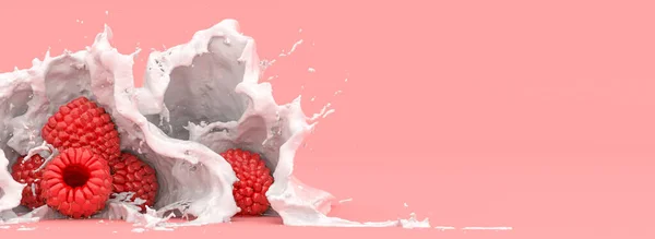 红色背景的覆盆子 牛奶飞溅 3D插图 — 图库照片