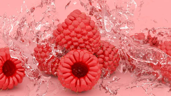 赤い背景のラズベリーは水の泡で立体的なイラストです — ストック写真