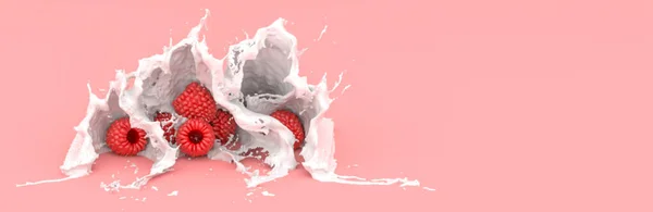 Frambozen Een Rode Achtergrond Een Scheut Melk Illustratie — Stockfoto