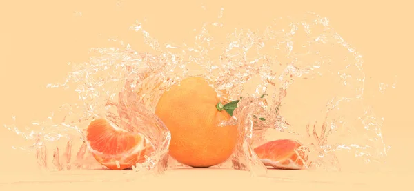 Mandarine Auf Gelbem Hintergrund Wasserspritzern Illustration — Stockfoto