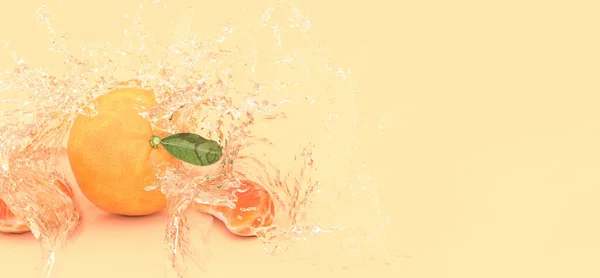 水花中黄色背景上的橘红色 3D插图 — 图库照片