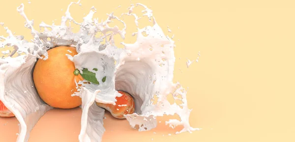 黄色背景上的橘子 在牛奶的飞溅中 3D插图 — 图库照片